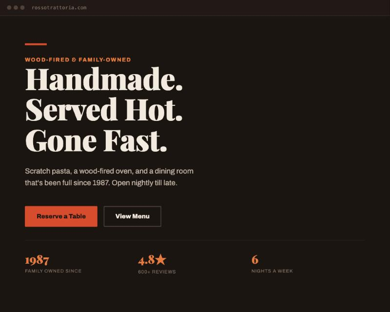 Example restaurant website design — warm, editorial, wood-fired bistro style